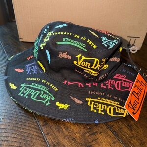 Von Dutch Black Bucket Hat with Bright Multi-Color Logos